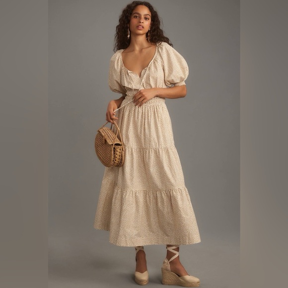 Anthropologie Dresses & Skirts - Anthropologie Cream Polka-Dot Puff-Sleeve Tiered Maxi Dress